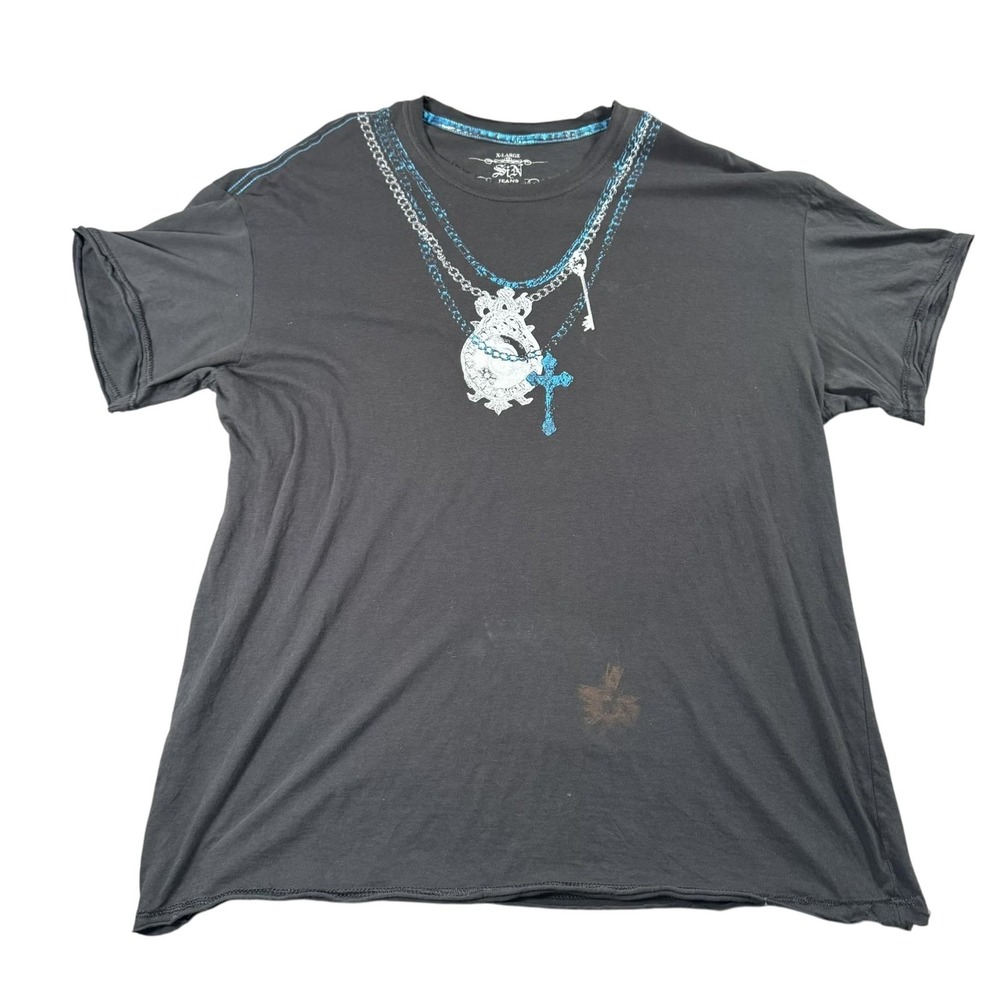 SiN Jeans Shirt Mens XL Black Graphic Cross Key Chains Skull Tattoo Tribal